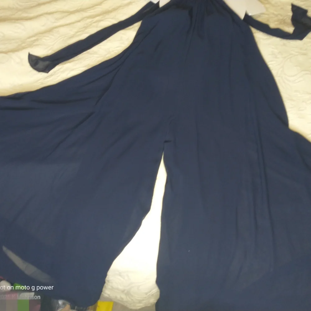 Elegant Formal Navy Blue Wide Leg Chiffon Jumpsuit By Prelude Size L - Picture 7 of 12